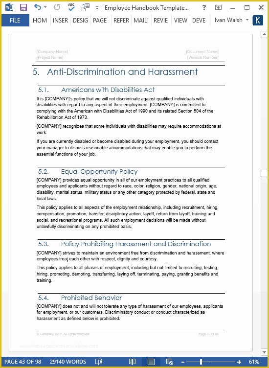 Free Handbook Template Word Of Employee Handbook Template Ms Word – 140 Sample topics