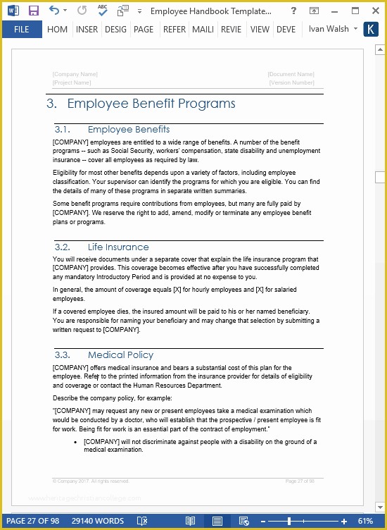 Free Handbook Template Word Of Employee Handbook Templates Ms Word Free Policy Manual