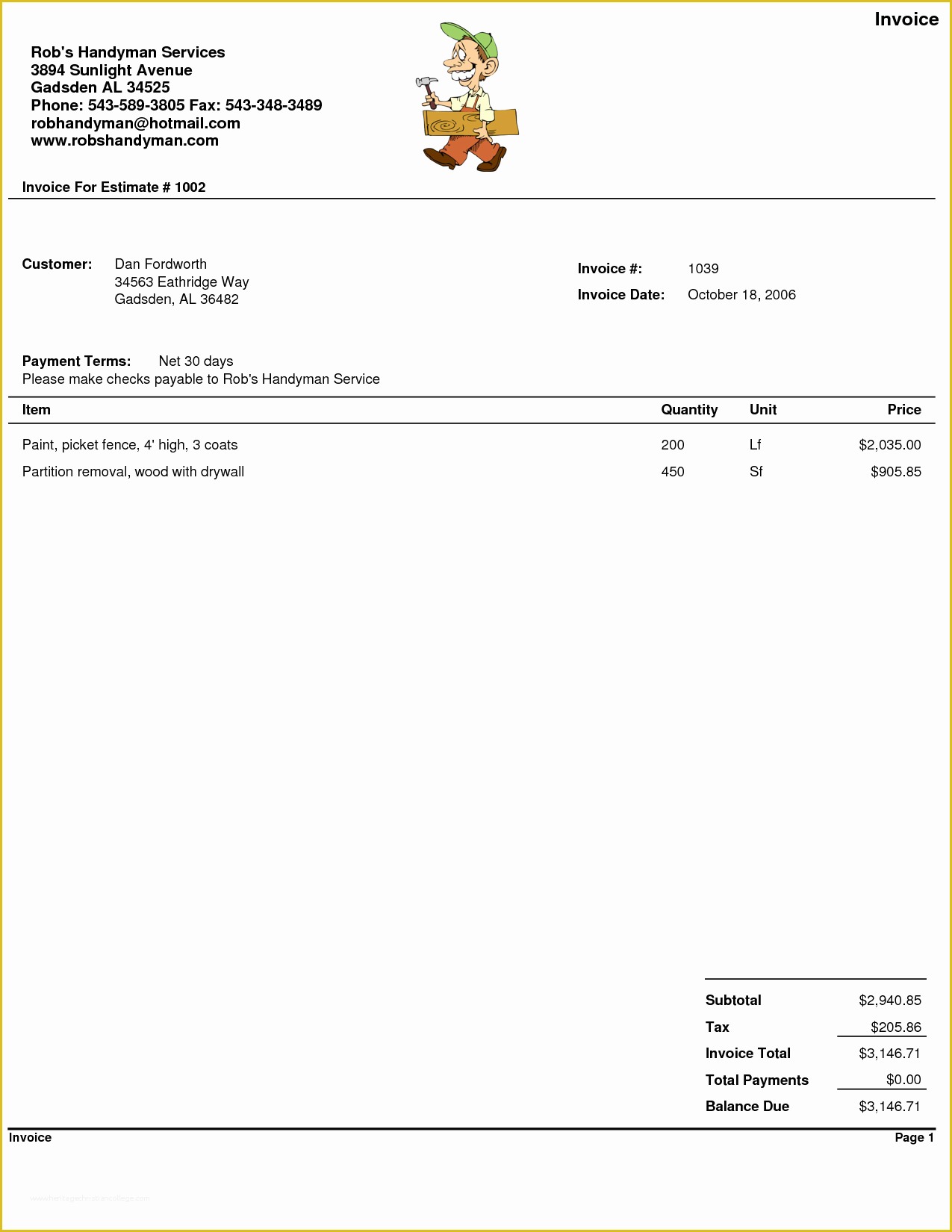 Free Handyman Invoice Template Of 11 Best Of Handyman Receipt Template Free