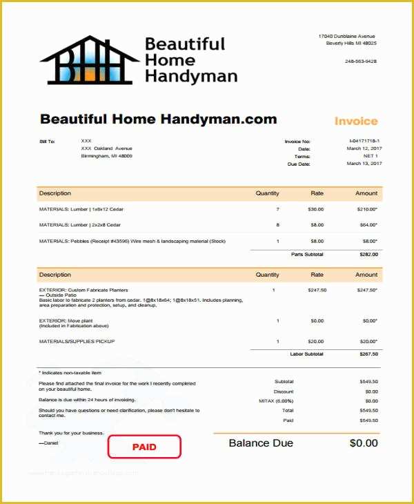 Free Handyman Invoice Template Of 6 Handyman Invoice Template Free Sample Example format