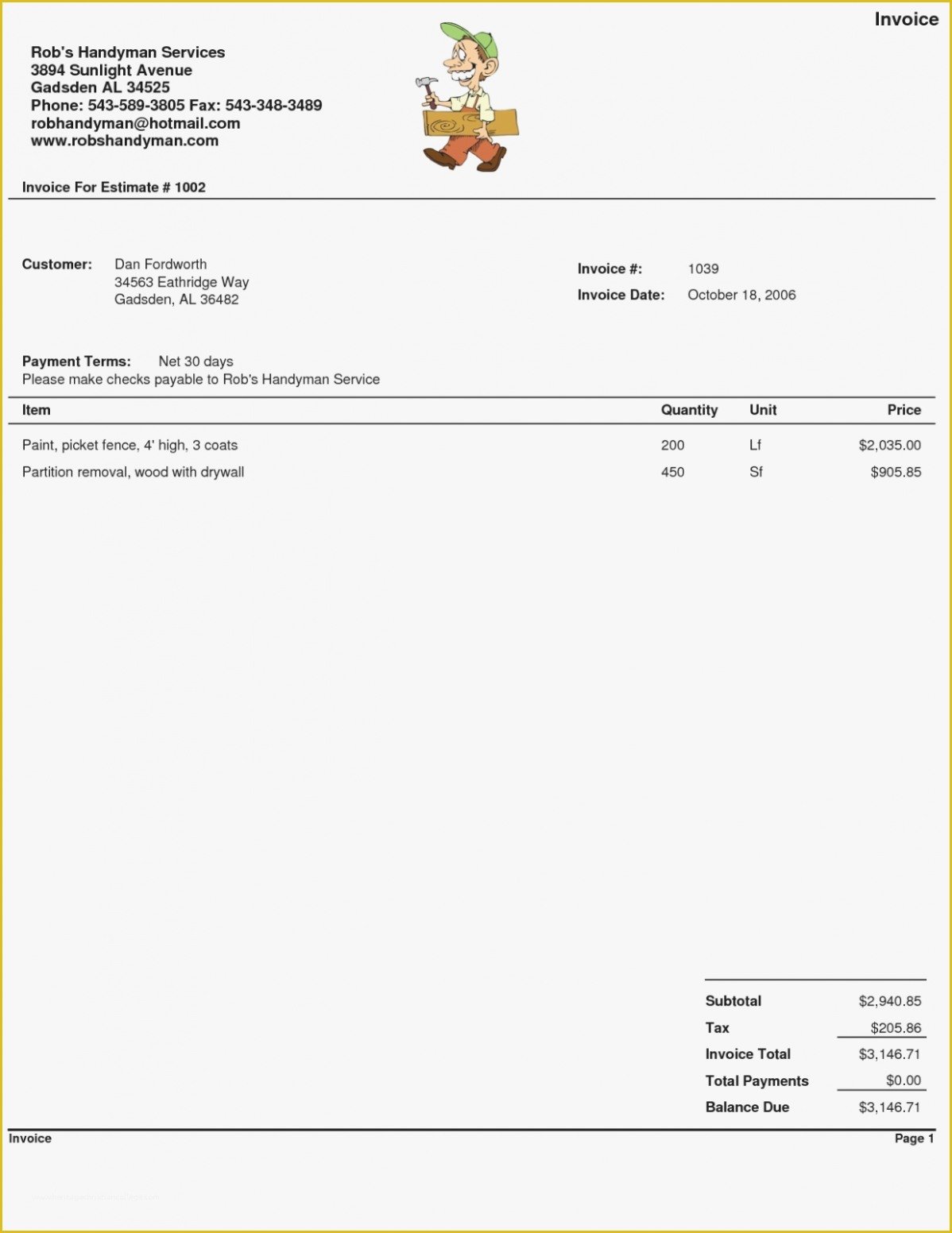 Free Handyman Invoice Template Of Handyman Invoice Template Service forms Sample Uk Free