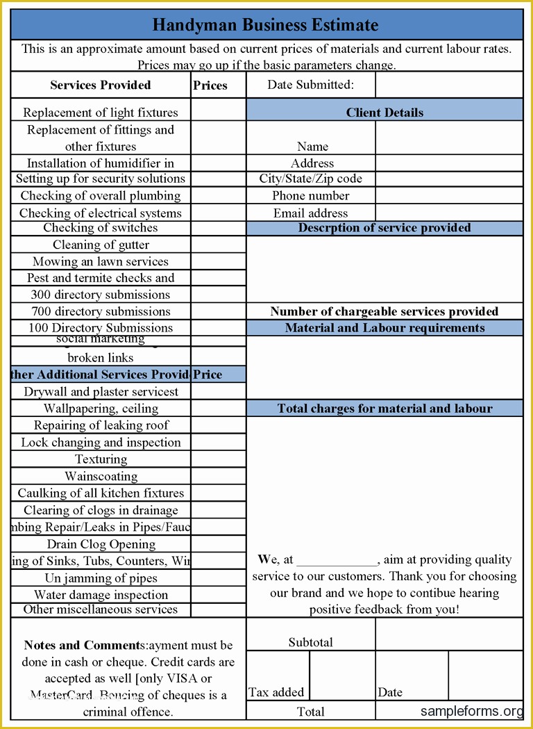 Free Handyman Proposal Templates Of Handyman Business Estimate form Sample forms