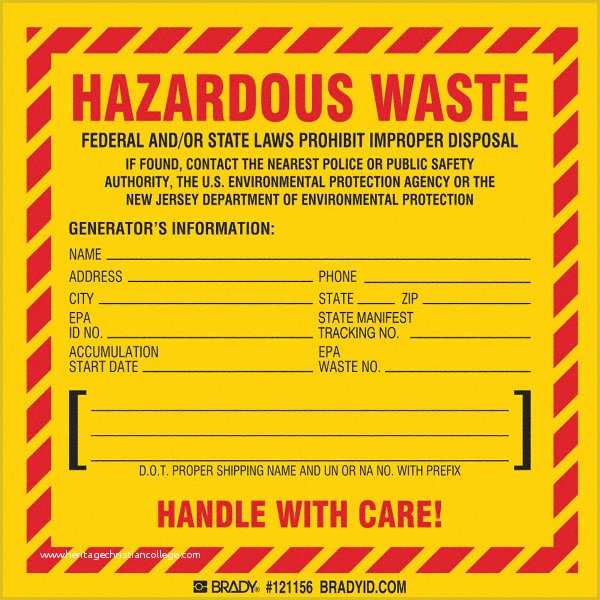 Free Hazardous Waste Label Template Of Brady Vinyl Hazardous Waste Label New Jersey Specific 6