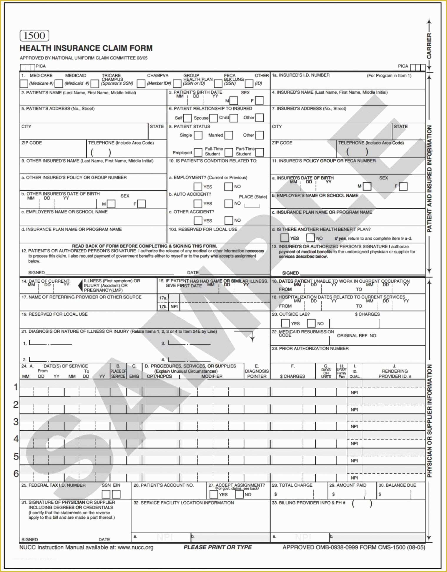 Free Health Insurance Claim form 1500 Template Of Cms 1500 Claim form