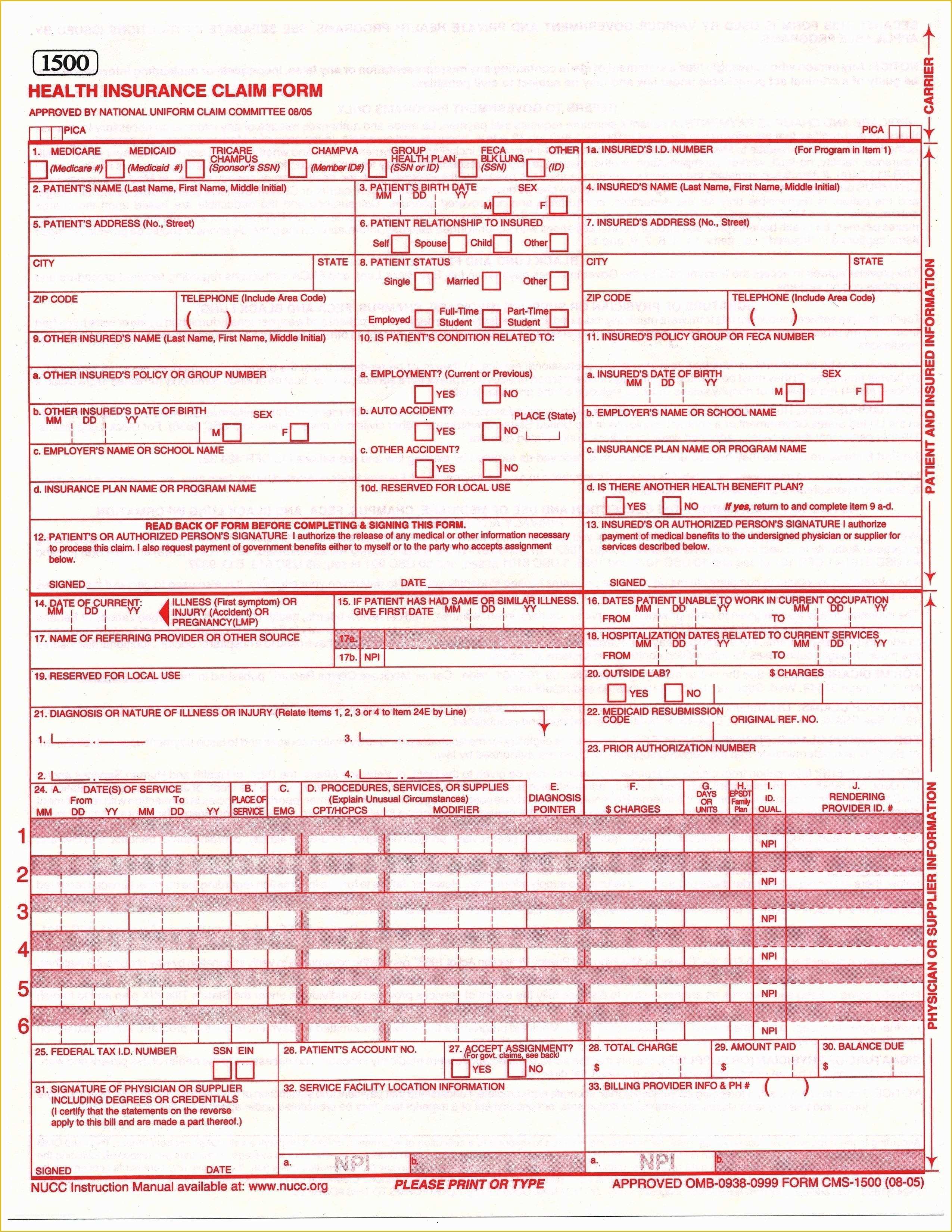 Free Health Insurance Claim form 1500 Template Of Fillable Cms 1500 Template Beautiful Template Design Ideas