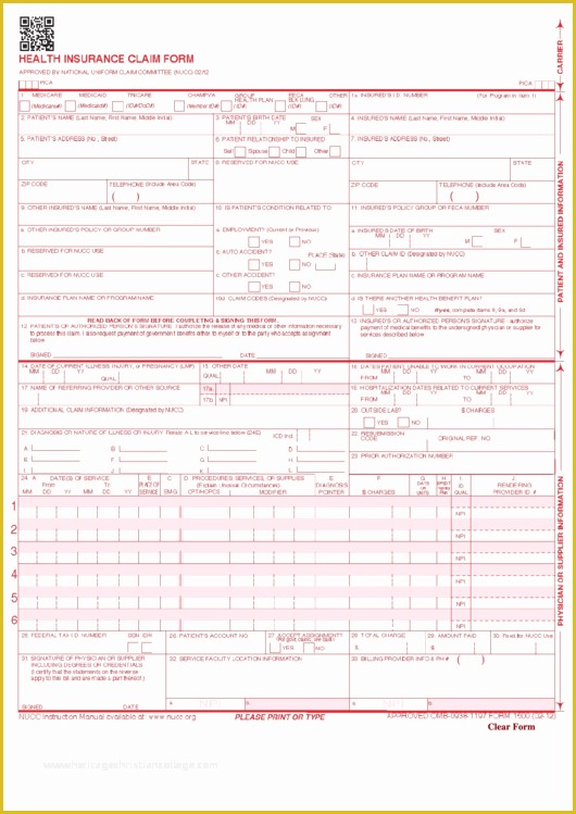 Free Health Insurance Claim form 1500 Template Of Fillable form 1500 Health Insurance Claim form Printable