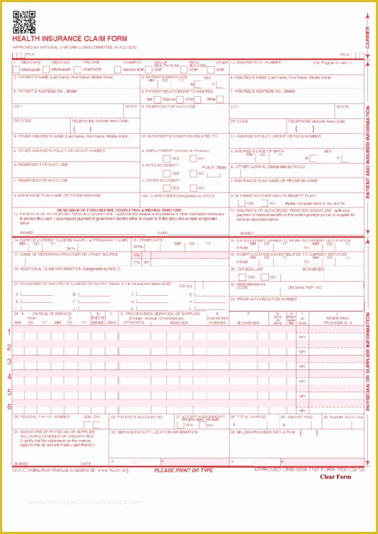 Free Health Insurance Claim form 1500 Template Of Fillable form 1500 Health Insurance Claim form Printable