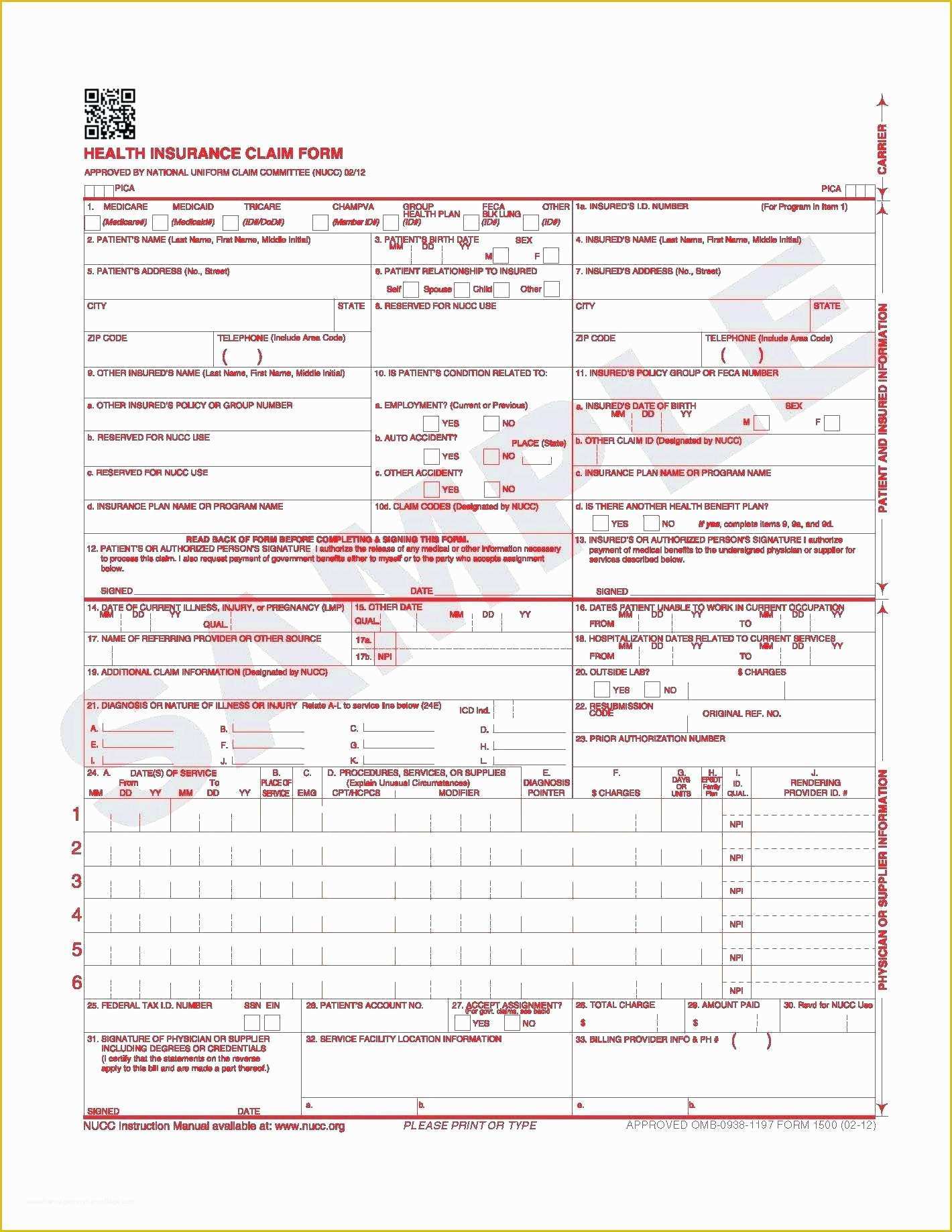 Free Health Insurance Claim form 1500 Template Of Health Insurance Claim form 1500 Printable Health