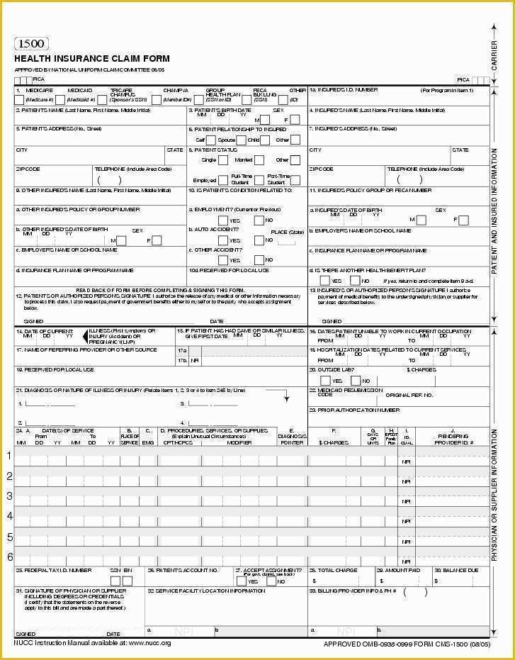 Free Health Insurance Claim form 1500 Template Of Medical Claim form 1500 – Templates Free Printable