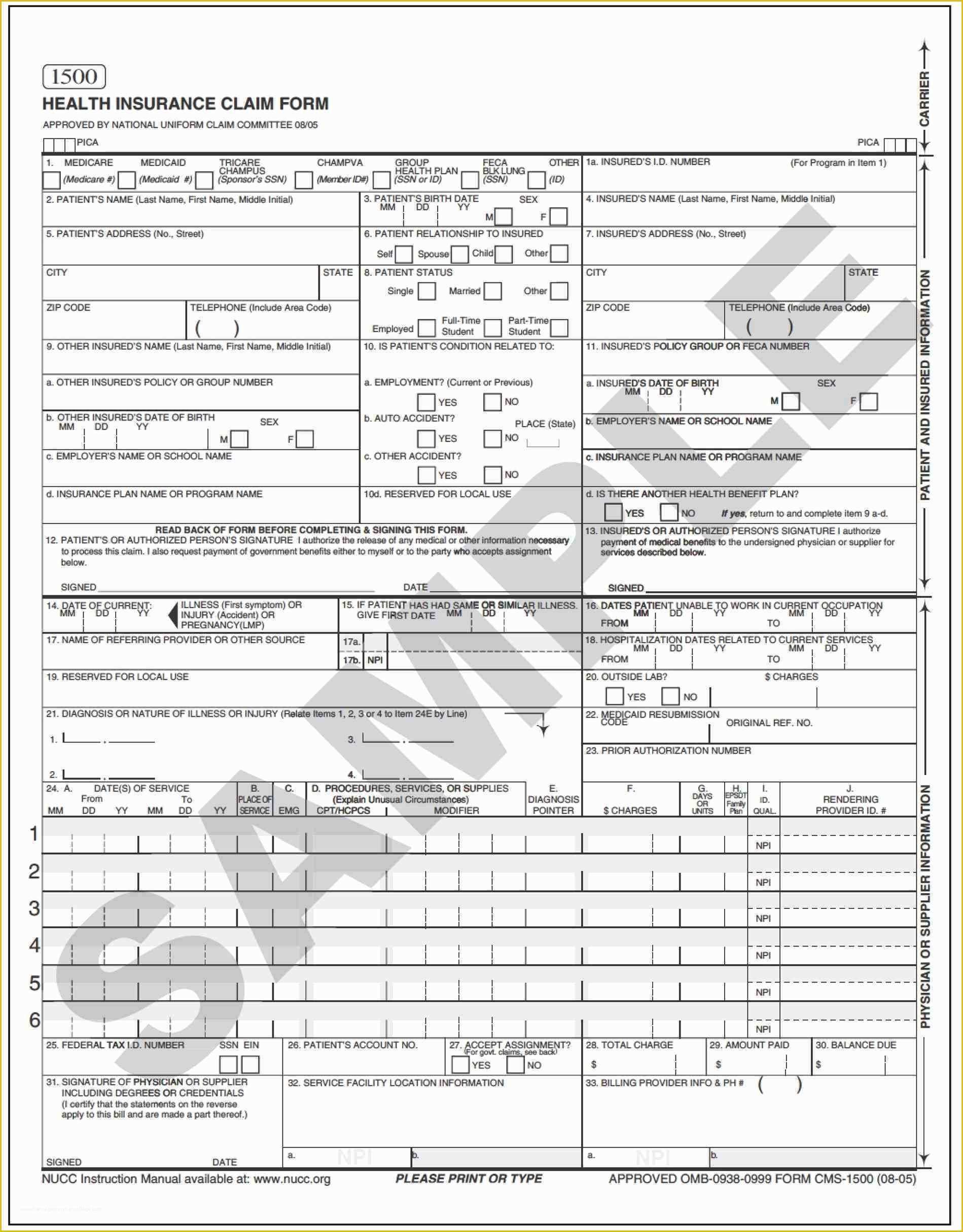 Free Health Insurance Claim form 1500 Template Of Unique Cms 1500 Template Free