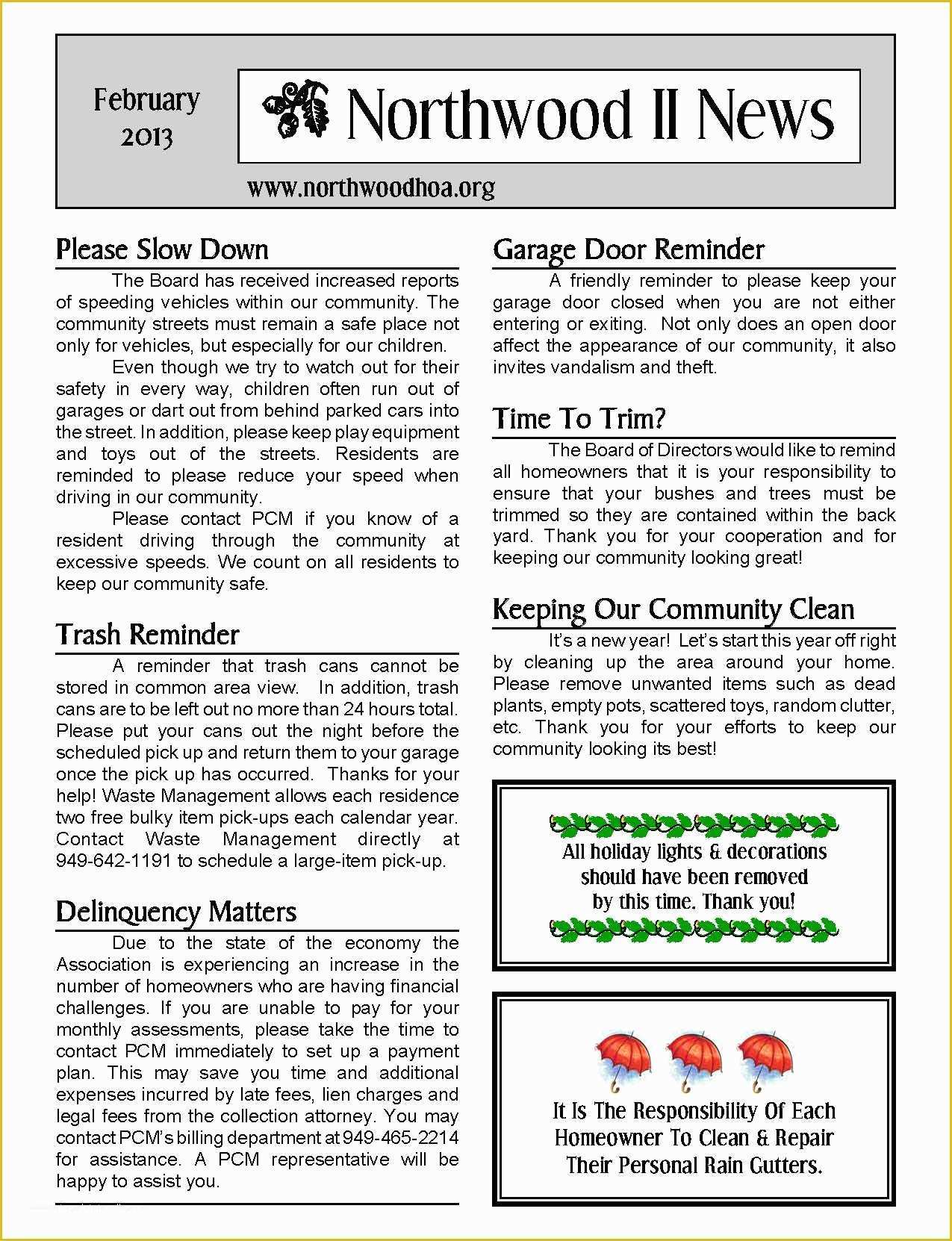 Free Hoa Newsletter Templates Of February 2013 – northwood Ii Nwii Hoa Munity