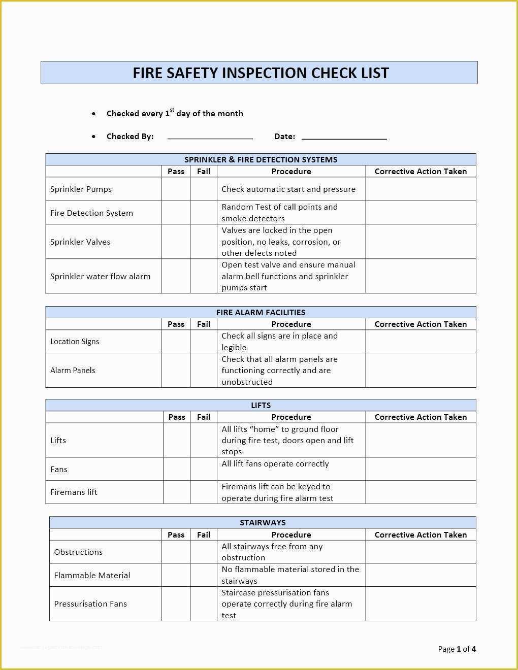 Free Home Inspection Template Of Fire Safety Inspection Checklist