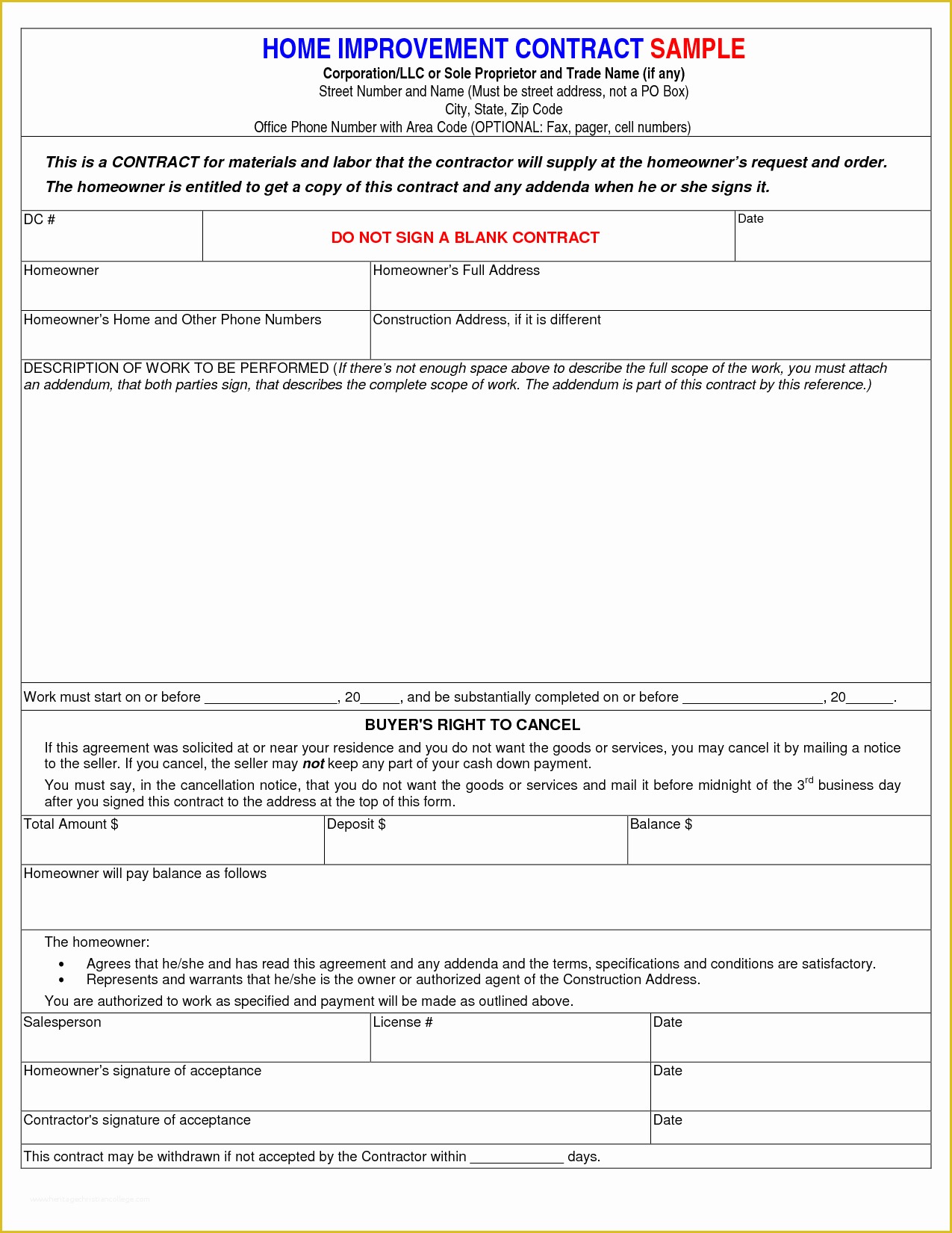 Free Home Remodeling Contract Template Of Home Improvement Contract Free Printable Documents