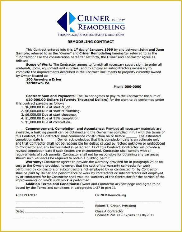 Free Home Remodeling Contract Template Of Home Remodeling Contract Template 7 Free Word Pdf