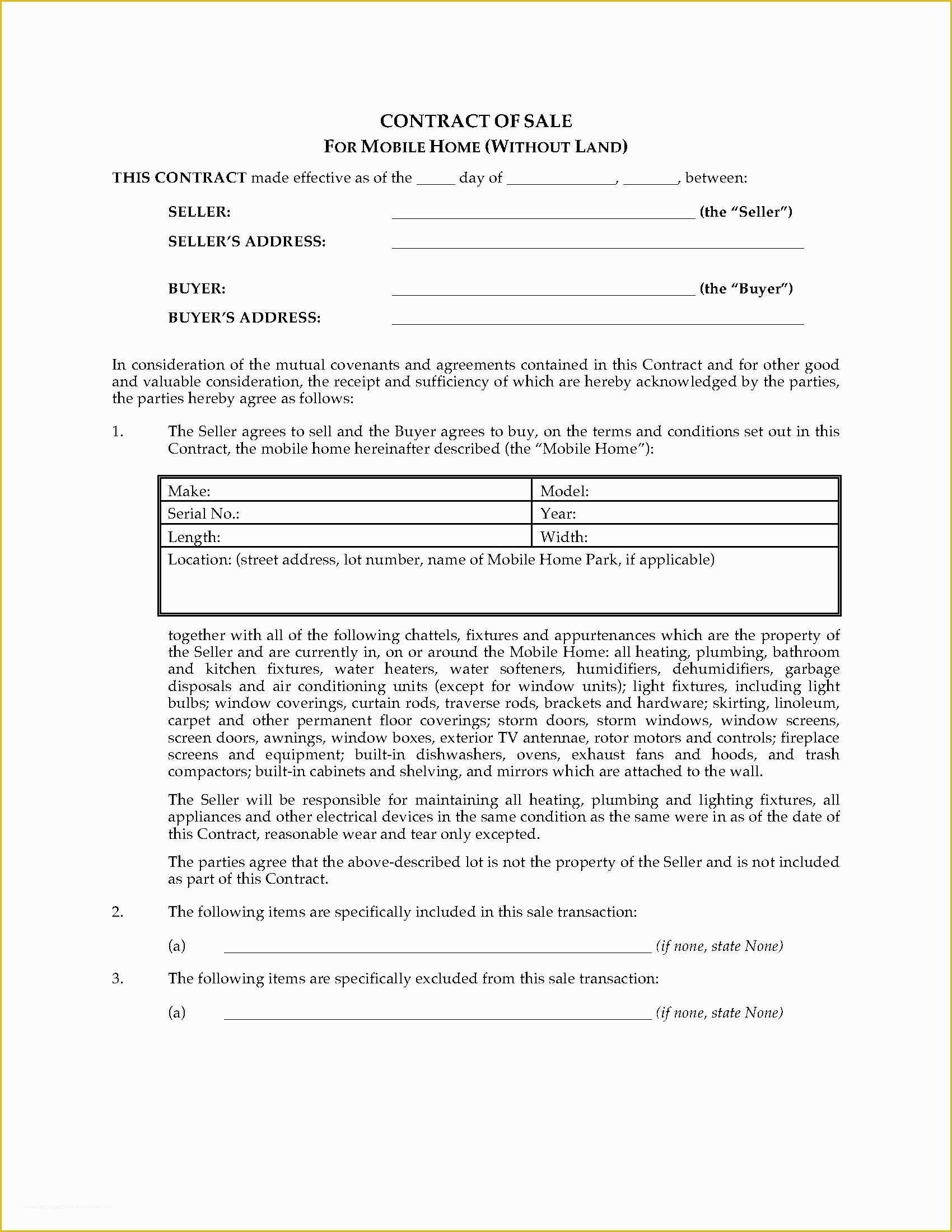 Free Home Sale Contract Template Of Usa Mobile Home Sale Contract