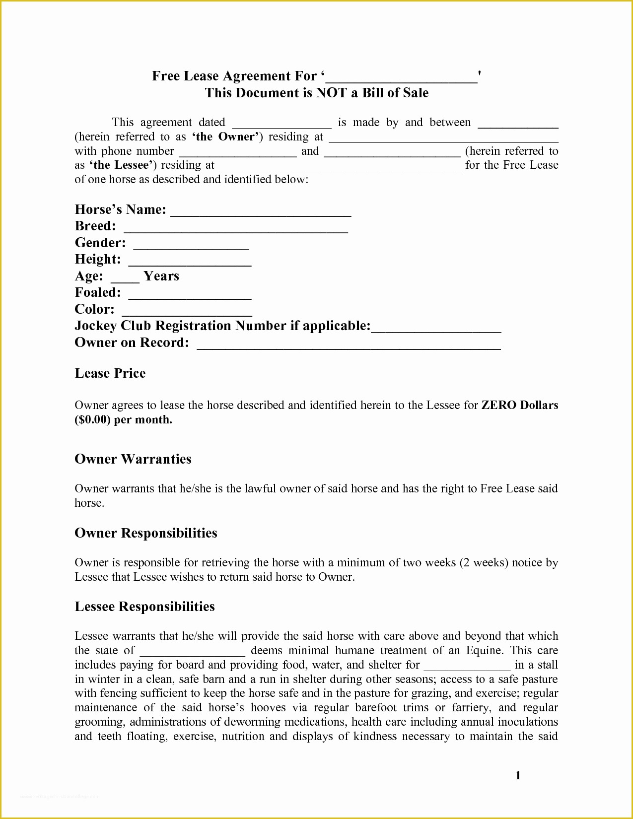Free House Rental Agreement Template Of Horse Template Printable
