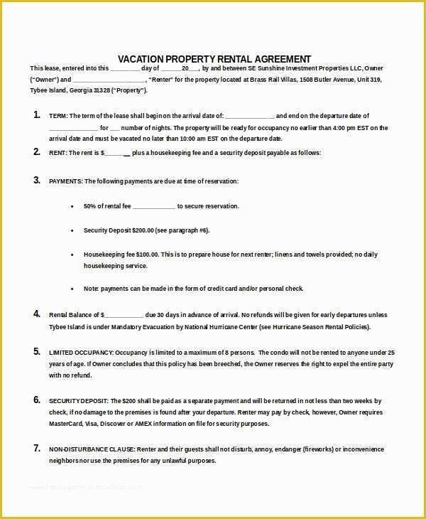 Free House Rental Agreement Template Of Vacation Rental Agreement – 8 Free Word Pdf Documents