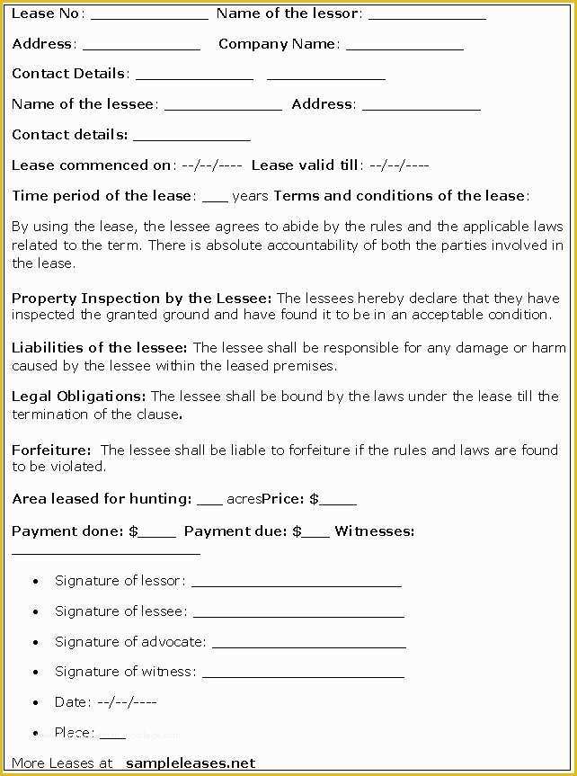 Free Hunting Lease Agreement Template Of Hunting Lease form – Sample Leases