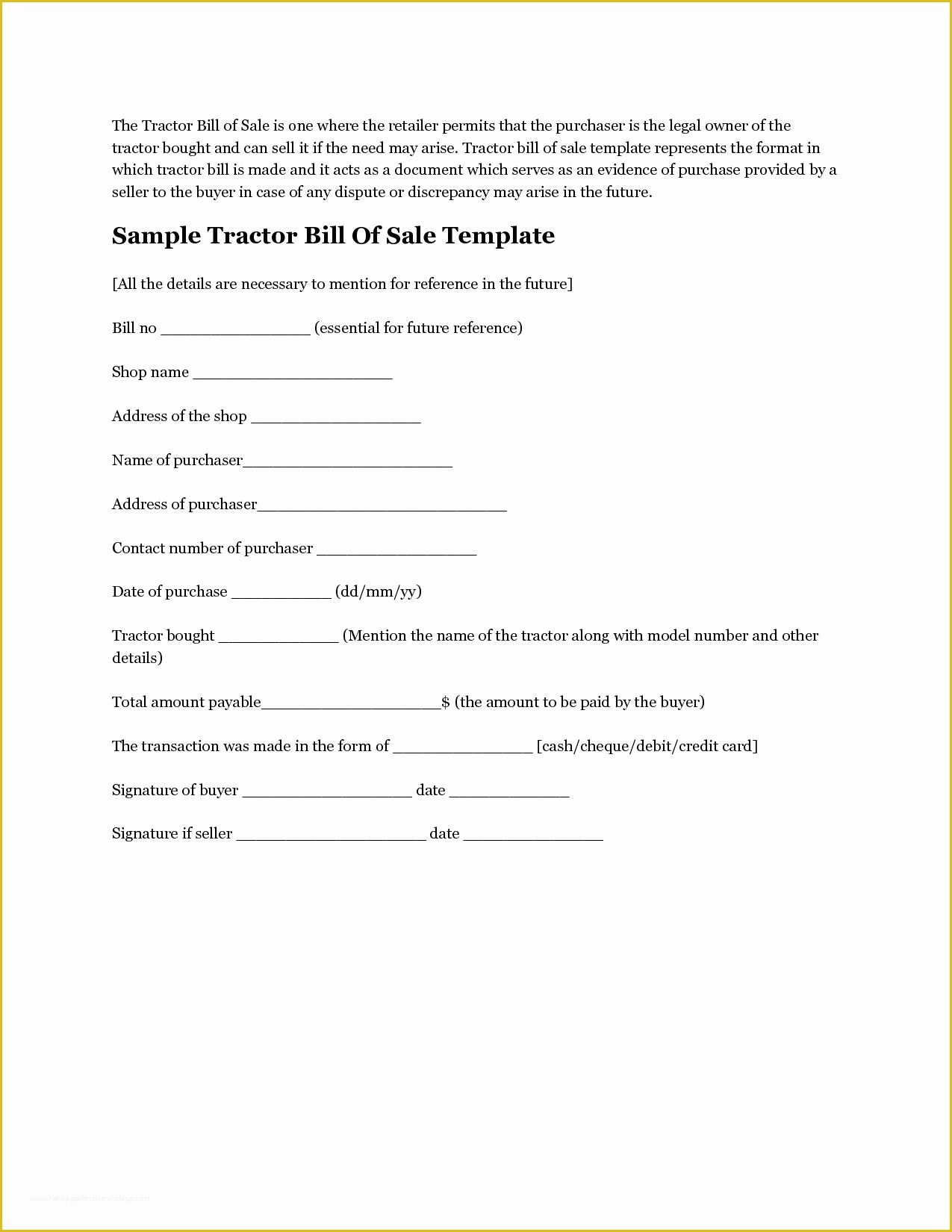 Free Illinois Will Template Of Free Printable Tractor Bill Of Sale form Generic