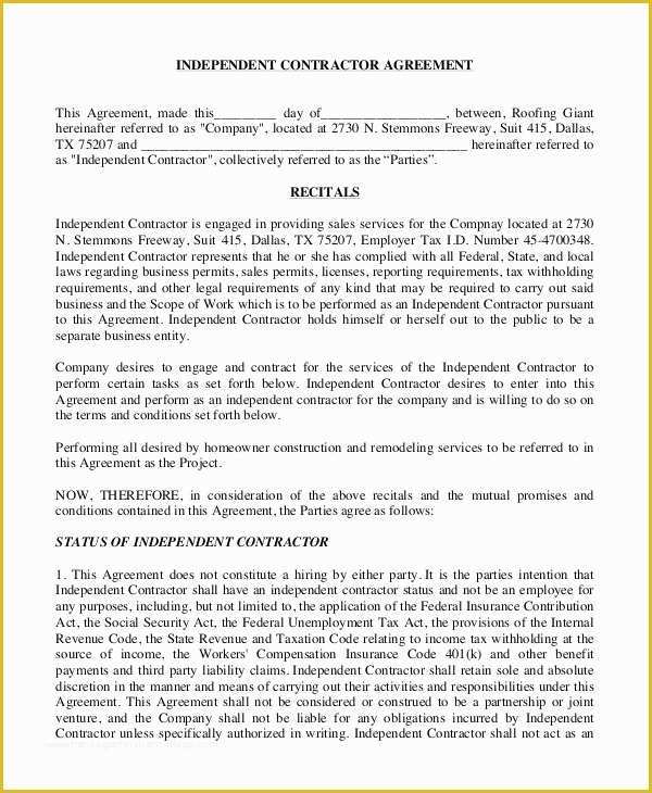 Free Independent Sales Contractor Agreement Template Of Sample Independent Contractor Agreement 9 Examples In