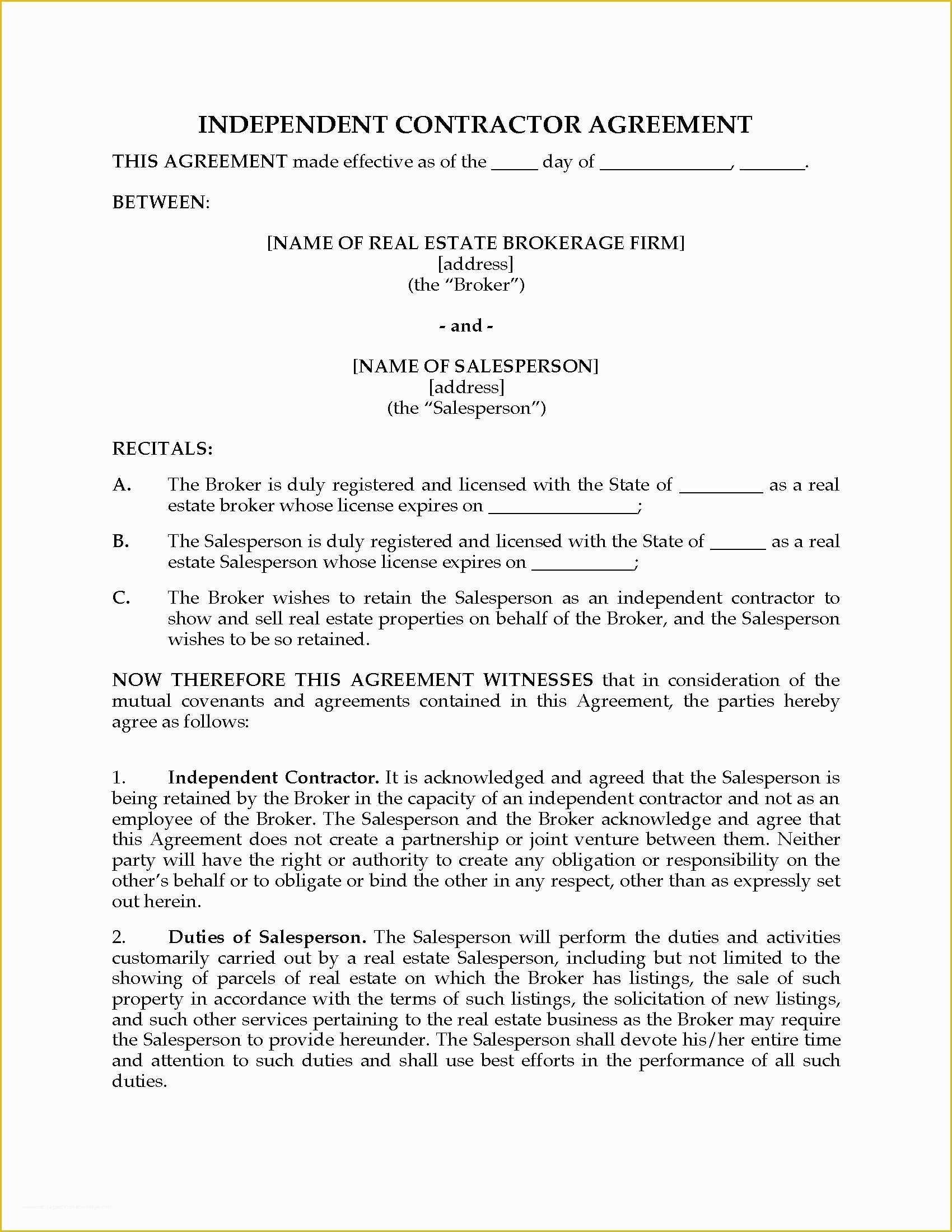 Free Independent Sales Contractor Agreement Template Of Usa Independent Contractor Agreement for Real Estate