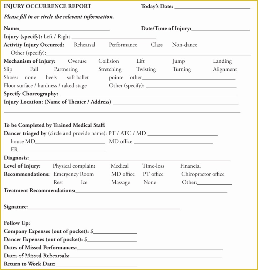 Free Injury and Illness Prevention Program Template Of Injury Occurrence Report form Adapted From Alvin Ailey