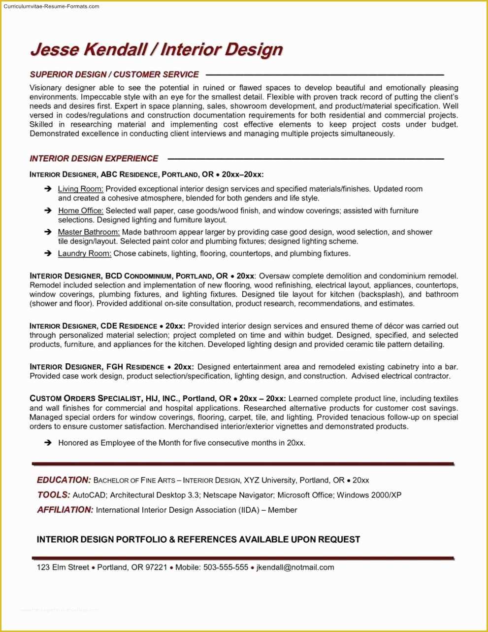 Free Interior Design Resume Templates Of Interior Design Resume Templates Free Samples Examples