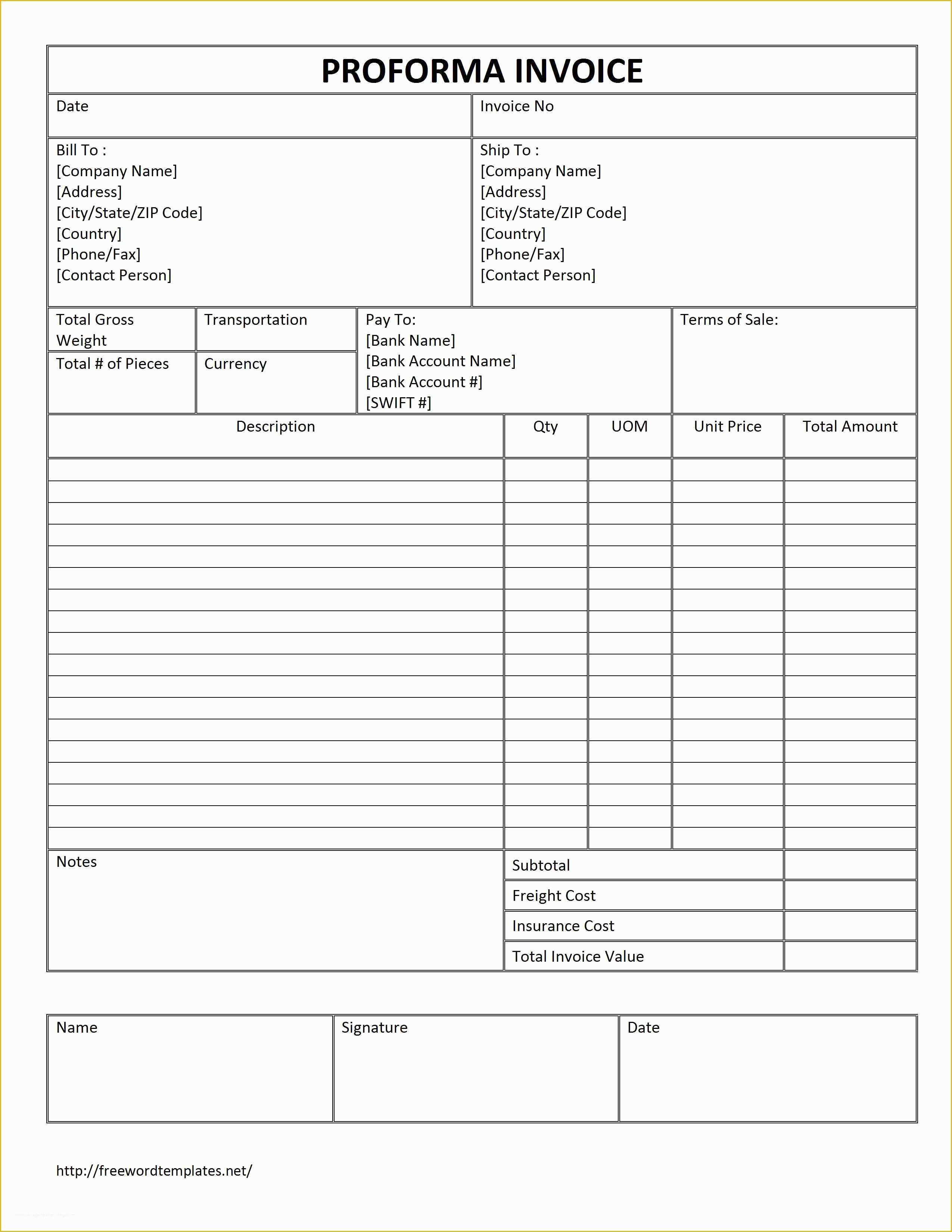 Free Invoice Template Word Of Proforma Invoice Template Word
