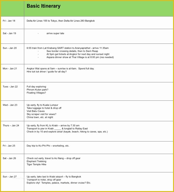 Free Itinerary Template Of Vacation Itinerary Template