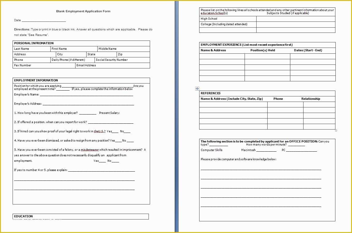 Free Job Application Template Word Document Of Blank Employment Application form Free formats Excel Word