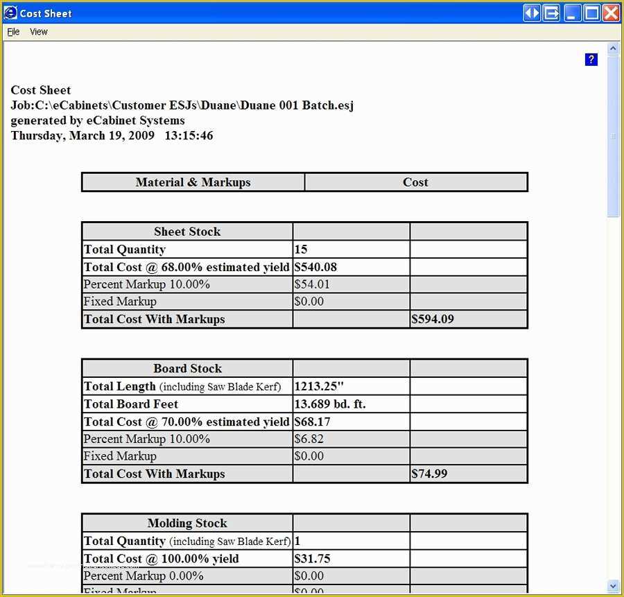 Free Job Cost Sheet Template Of Ecabinet Systems software Features