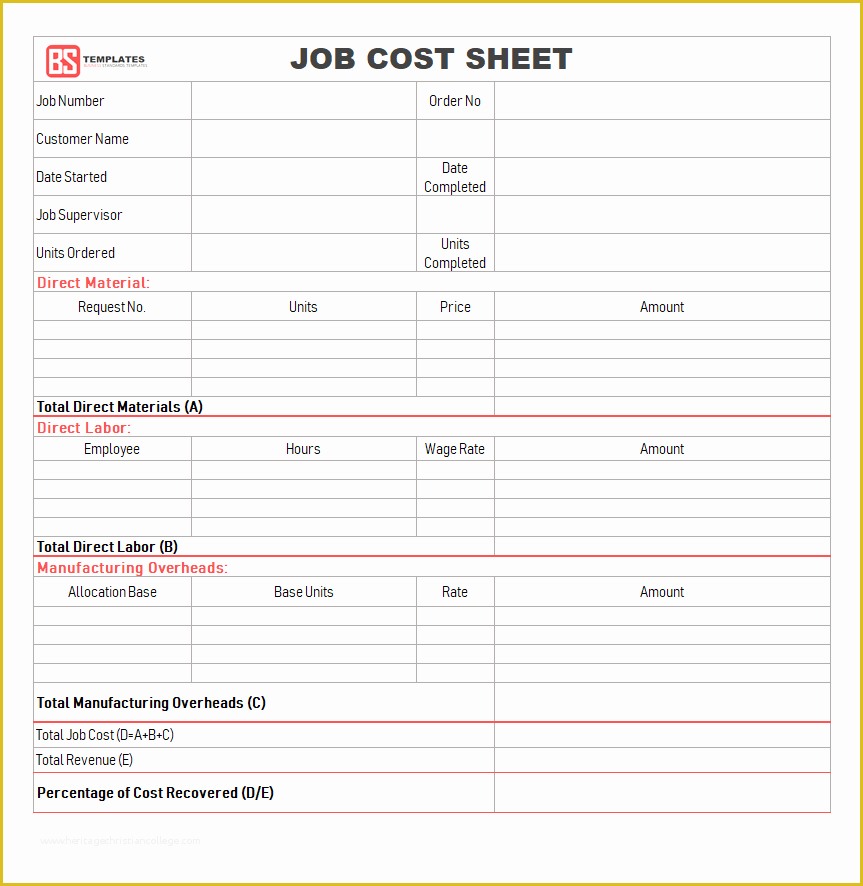 Free Job Cost Sheet Template Of Job Sheet