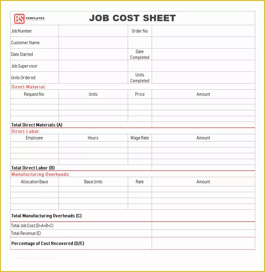 Free Job Cost Sheet Template Of Job Sheet