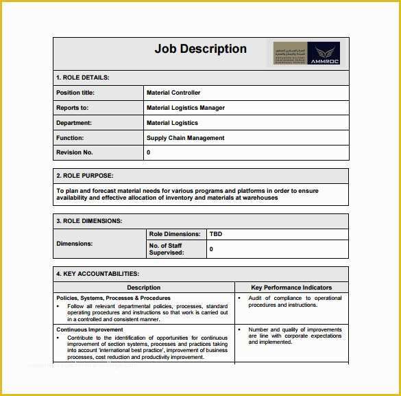 Free Job Description Template Of 10 Controller Job Description Templates Free Sample