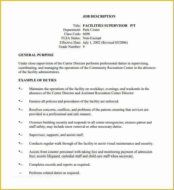 Free Job Description Template Of 10 Supervisor Job Description Templates – Free Sample