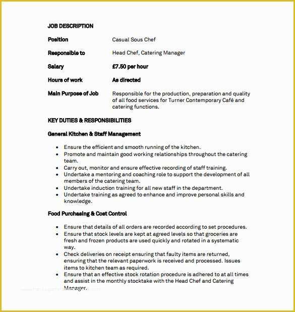 Free Job Description Template Of 17 sous Chef Job Description Templates Free Sample