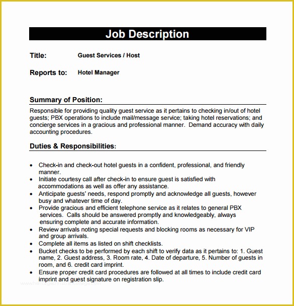 Free Job Description Template Of 9 Hostess Job Description Templates – Free Sample