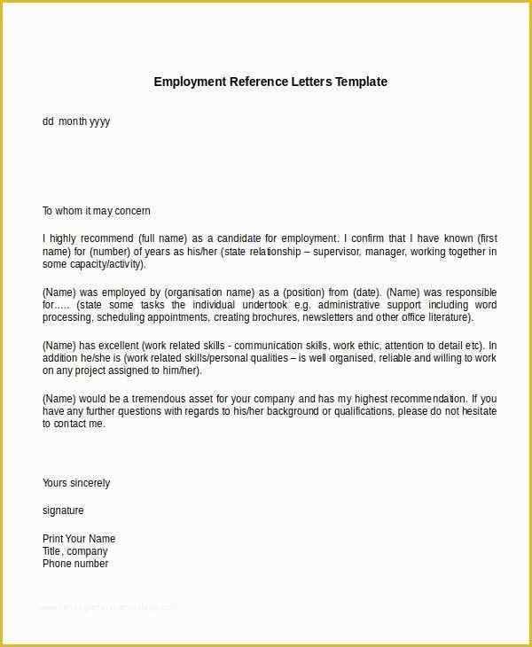 Free Job Reference Template Of 10 Employment Reference Letter Templates Free Sample