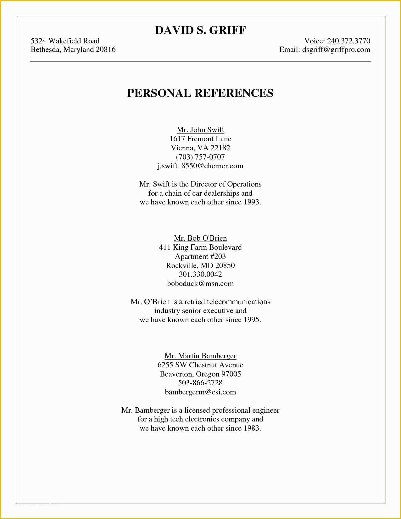 Free Job Reference Template Of Professional References Page Template Free Reference