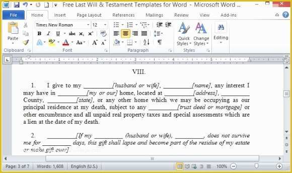 Free Last Will and Testament Template Microsoft Word Of Free Last Will and Testament Template for Word