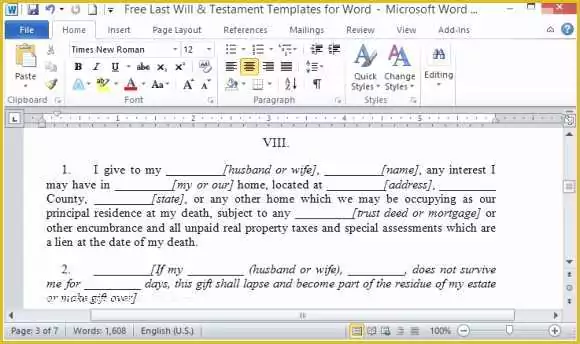 Free Last Will and Testament Template Microsoft Word Of Free Last Will and Testament Template for Word