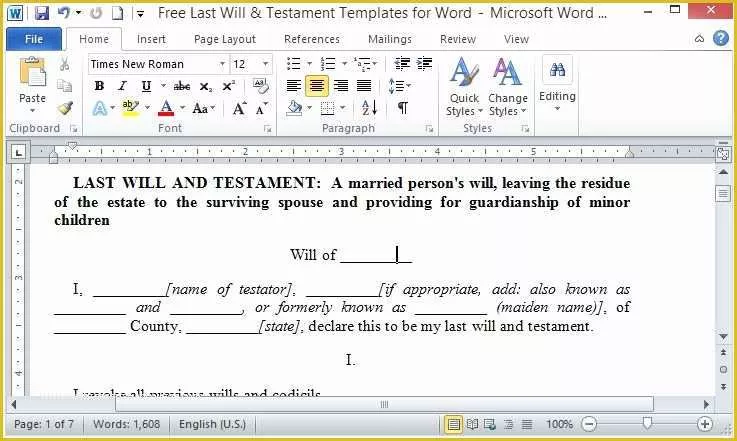 Free Last Will and Testament Template Microsoft Word Of Free Last Will and Testament Template for Word