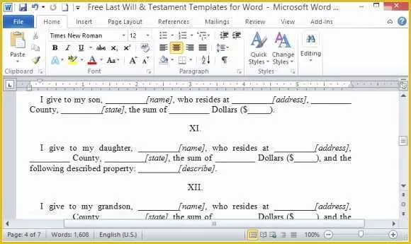 Free Last Will and Testament Template Microsoft Word Of Free Last Will and Testament Template for Word