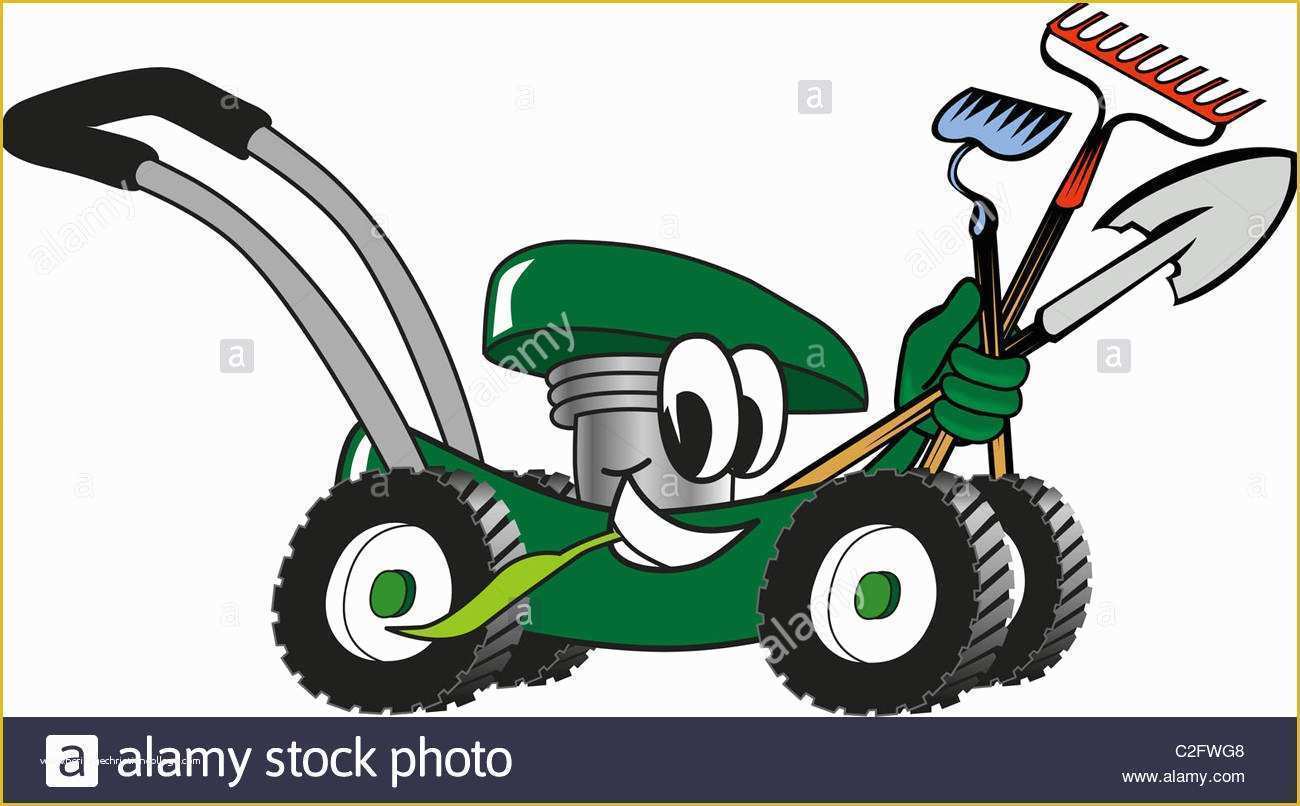 Free Lawn Care Logo Templates Of Cartoon Lawn Mower Holding Lawn Maintenance tools Stock