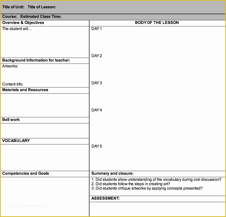 Free Lesson Plan Templates Of Art Lesson Plan Templates