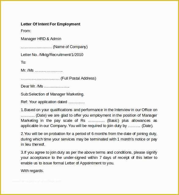 Free Letter Of Employment Template Of 7 Letter Of Intent for Employment Templates to Download