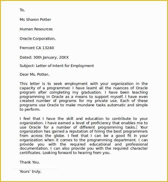 Free Letter Of Employment Template Of Letter Of Intent for Employment 9 Download Free