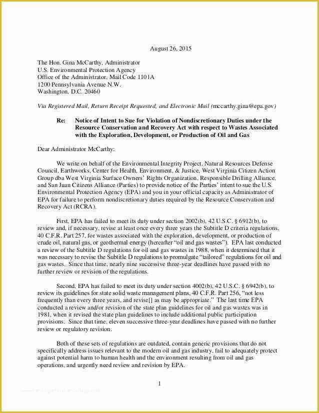 Free Letter Of Intent to Sue Template Of Radical Enviro Groups Notice Of Intent to Sue the Epa to
