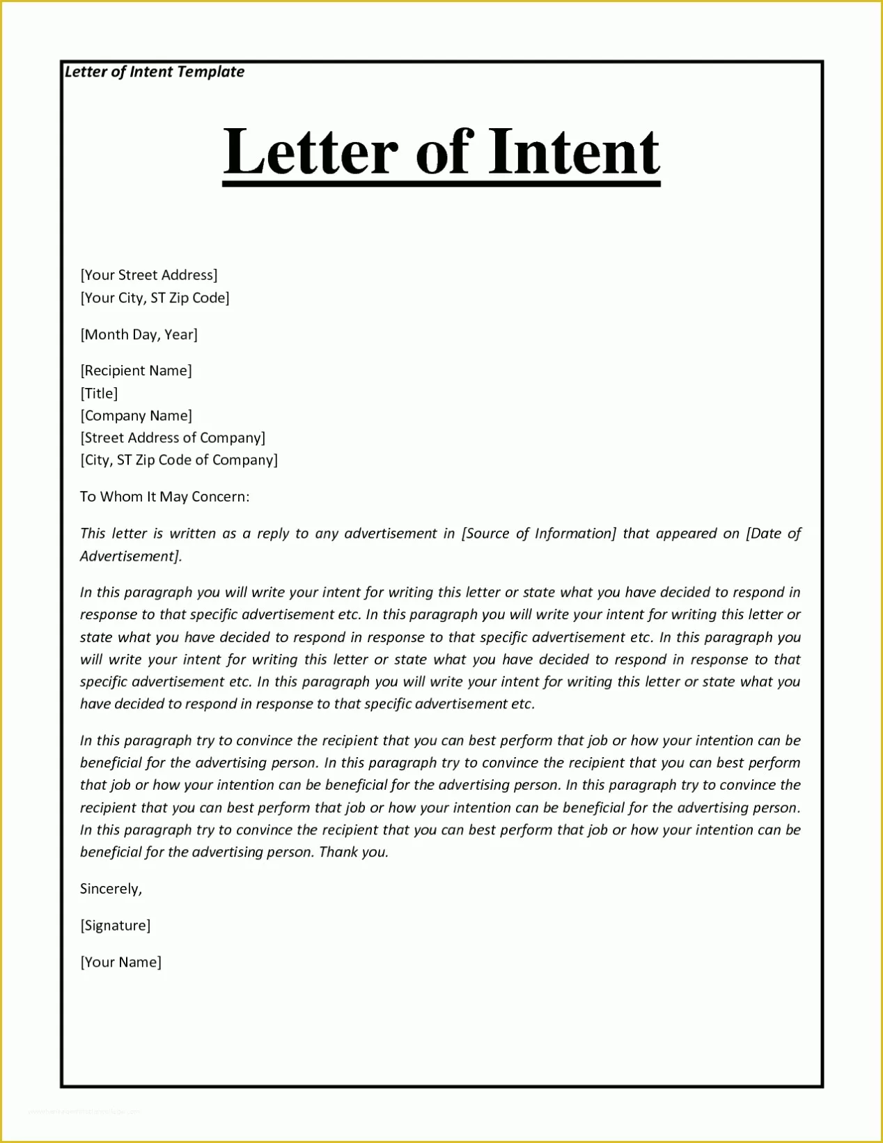 Free Letter Of Intent to Sue Template Of Sample Letter Of Intent for Business