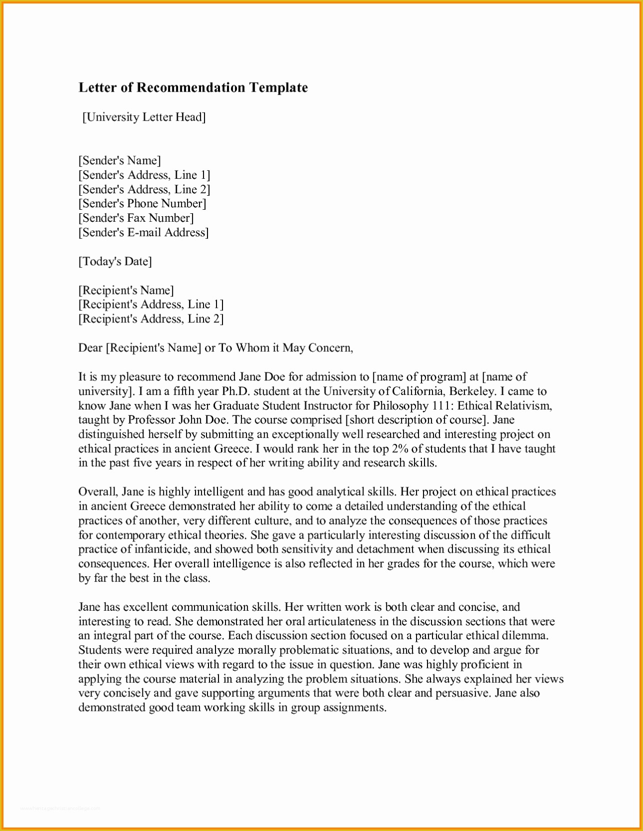 Free Letter Of Recommendation Template Of Writing A Letter Of Re Mendation Template Sample